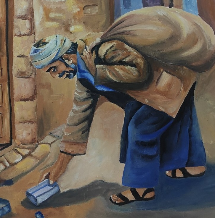 Detail crop of the central figure and scattered objects in the painting.
