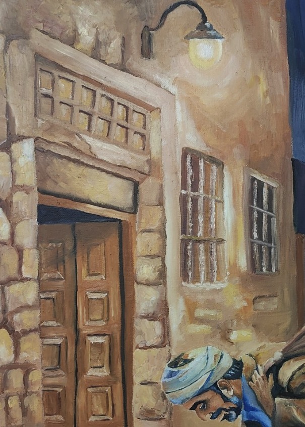 Detail crop showing the warm streetlamp, stone textures, and wooden doorway.