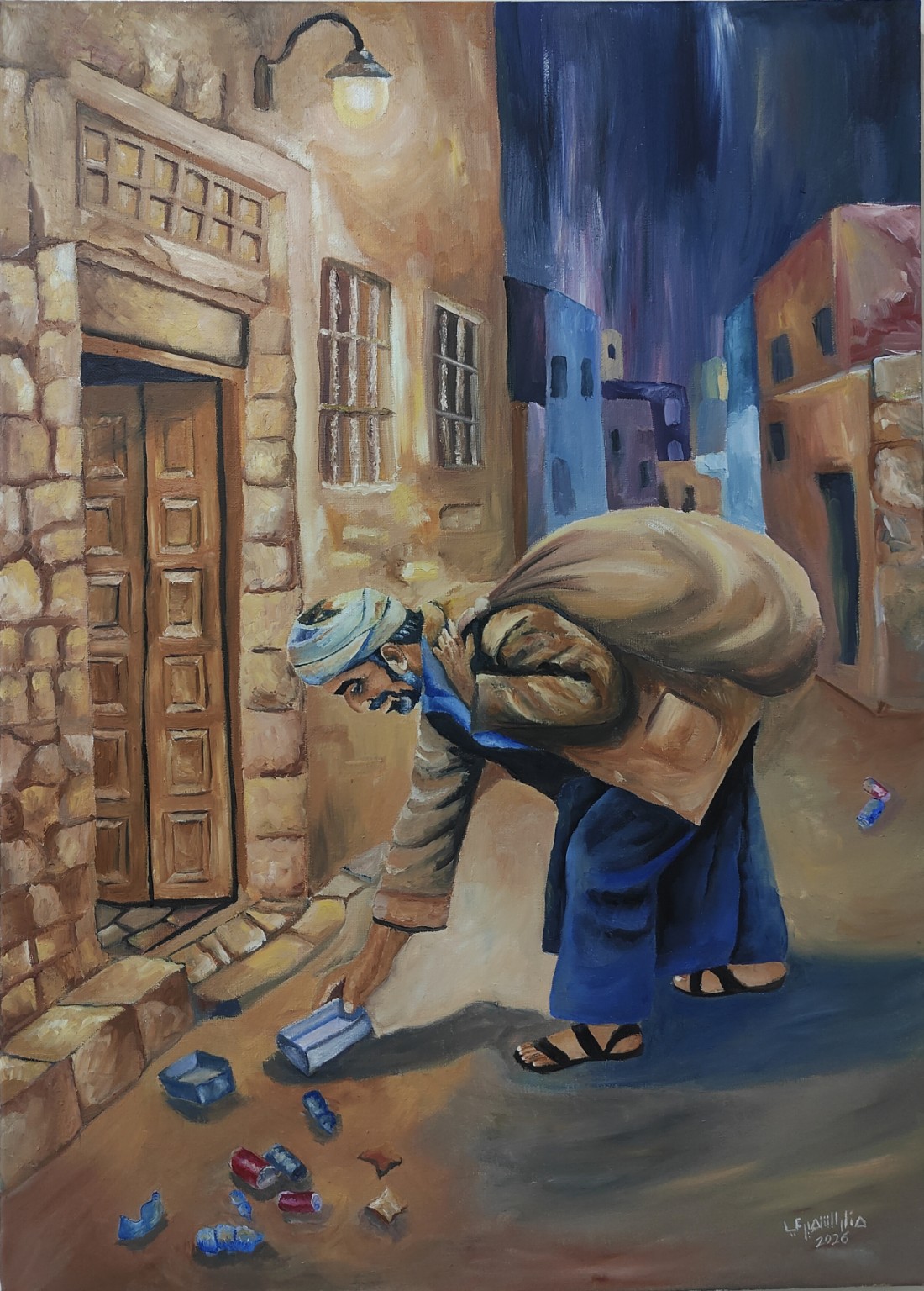 Oil painting of a man bending to gather scattered objects in a traditional-looking street at night, illuminated by a warm streetlamp against deep blue shadows.